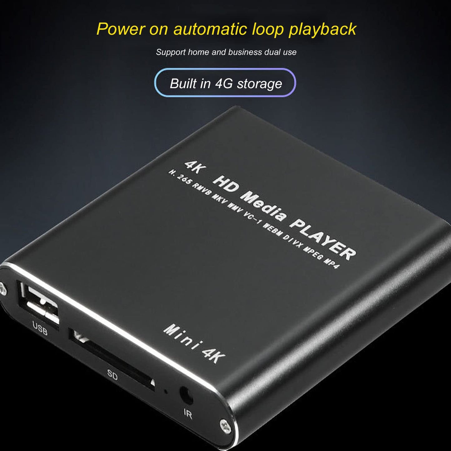 ciciglow HD Video Player, 4K, streaming media player, supports PPT, PDF, built-in 4G storage, for HD multimedia interface AV USB memory cards (4K)