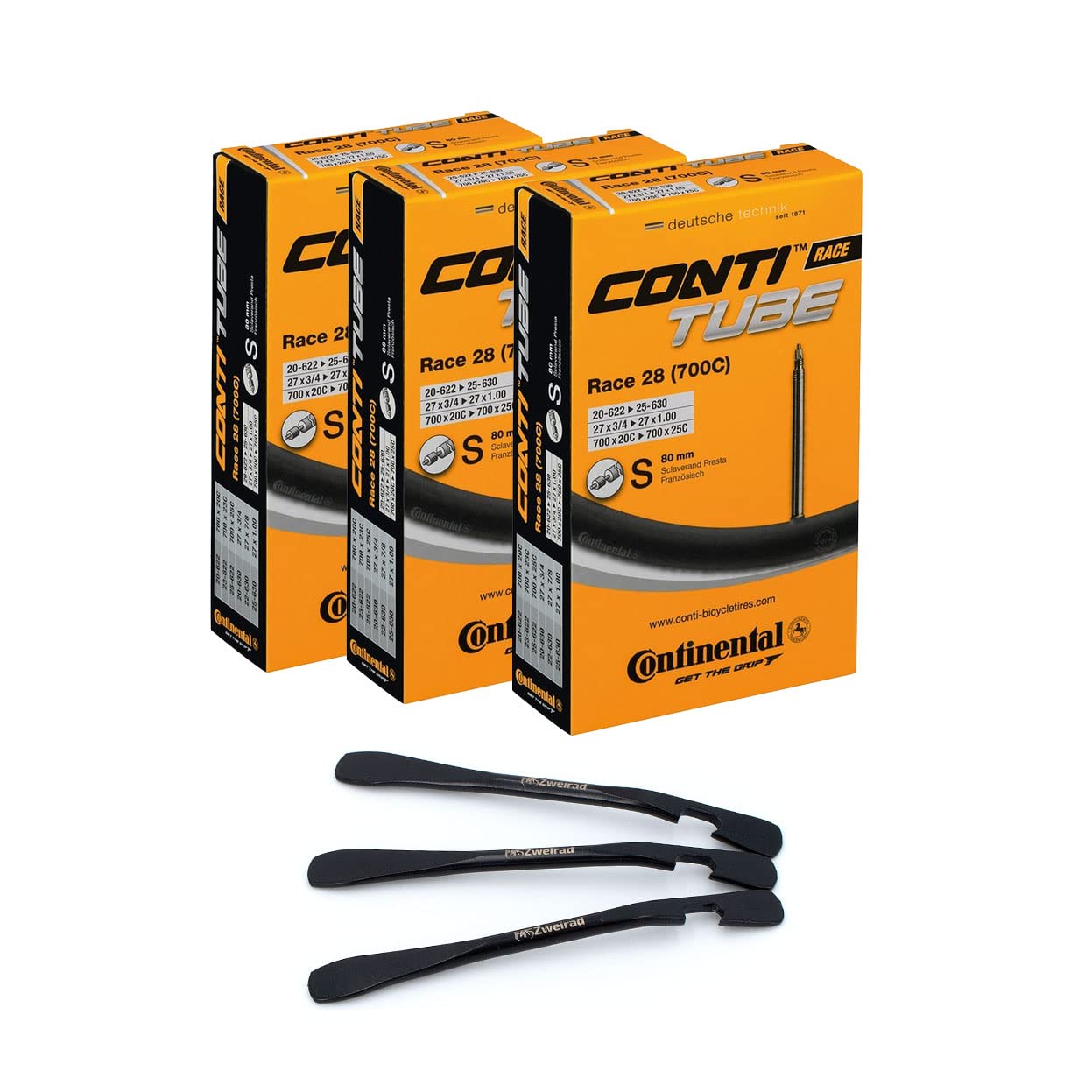 Set of 3 Continental bicycle tubes Race 28 inch SV 80mm (20/25-622/630) + 3 MSZweirad tire levers.