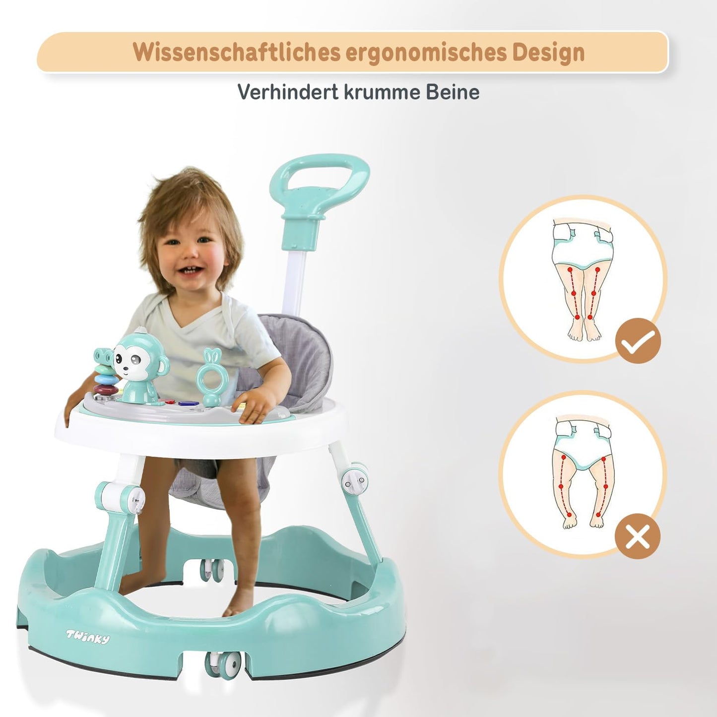 Twinky® walking aid with playset & floor mat - Sturdy 4-way adjustable preschool walking aid - Perfect as a walking aid for your little one's first steps (Mint Green)