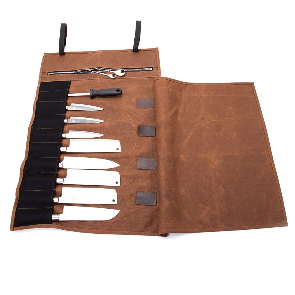 QEES Chef Knife Roll Bag 16 Oz waxed canvas waterproof zipper tool bag 15 slots kitchen gadgets small knives display storage bag gift for dad husband