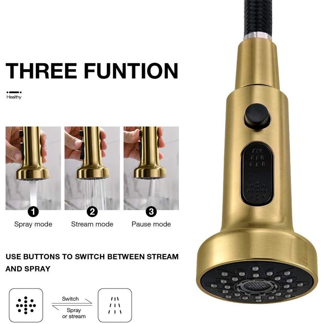 TIMACO Kitchen Faucet Brushed Gold with 360° Swivel, Pull-Down Sprayer Faucet Mixer, Commercial Single Handle Kitchen Faucet in Brushed Gold Finish Kitchen Tap