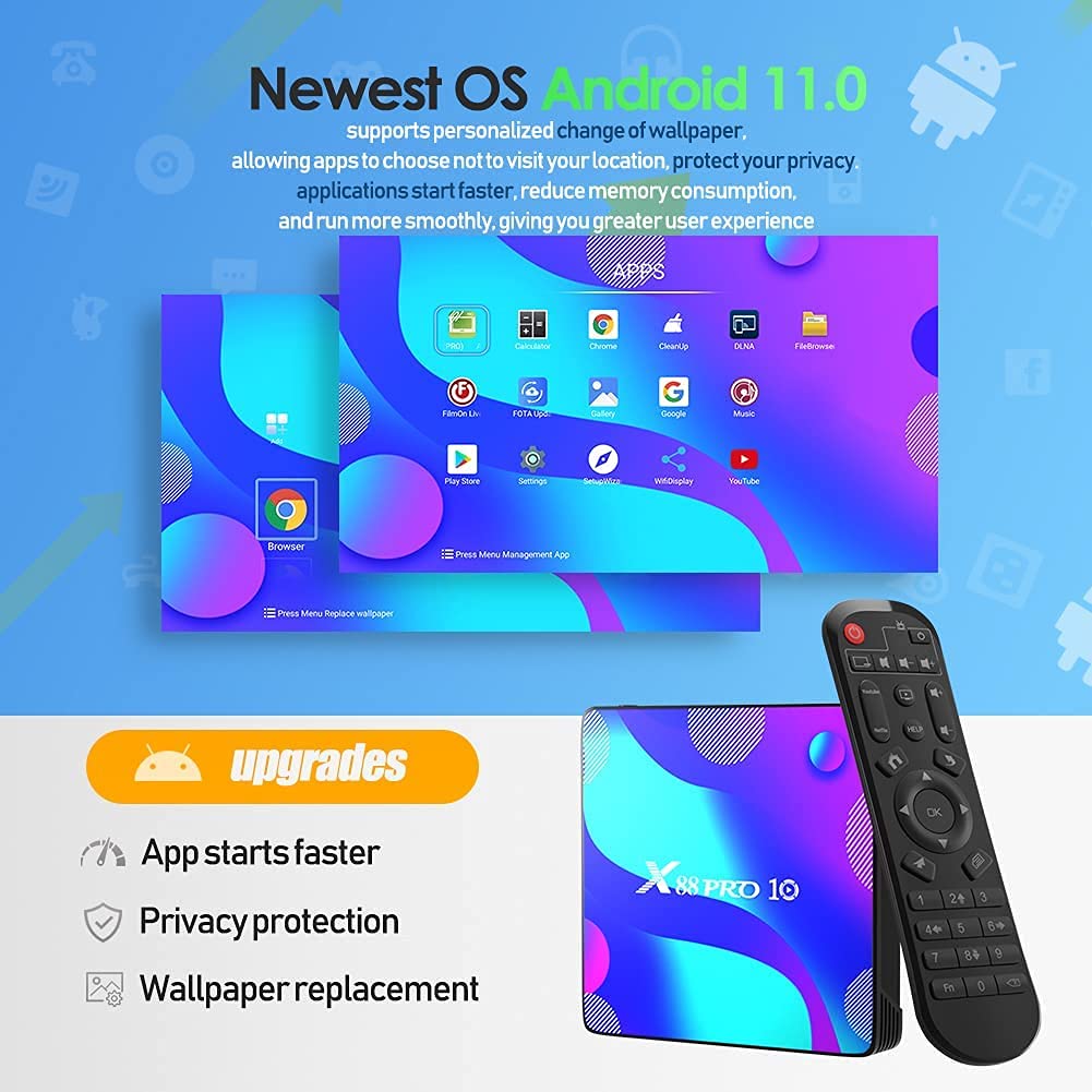 Android 11.0 TV Box, Android Box with 4GB RAM 32GB ROM RK3318 Quad-Core 64bit Cortex-A53 2.4GHz/5GHz WiFi 100M LAN Ethernet 4K UHD Bluetooth 4.0