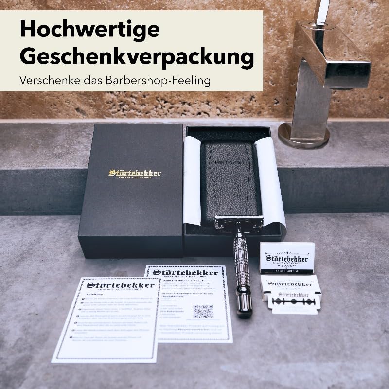 Störtebekker® Premium starter set - with safety razor incl. case (black) and 10 blades + 100 extra Störtebekker razor blades - men's shaving set - for a perfect shave - gift idea for men