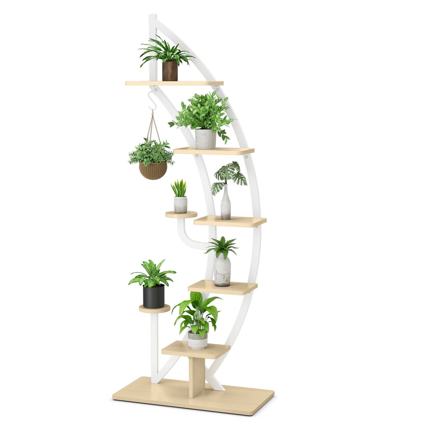 COSTWAY 6-tier Metal Plant Stand in half-moon shape, flower rack with 2 small shelves & top hook, ladder plant stand with anti-tip device, flower pot stand for garden balcony living room (White)