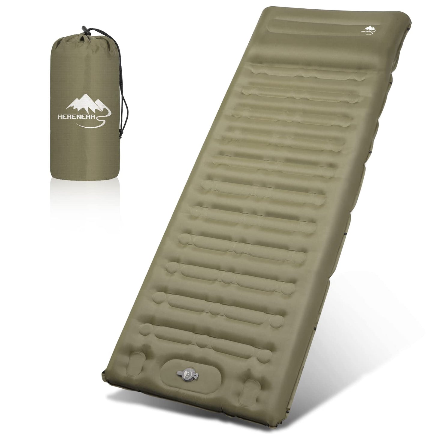 Herenear camping self-inflating sleeping pad, self-inflating sleeping pad ultra-light with pillow, waterproof portable camping air mattress with foot pump for hiking, outdoor, travel, beach.