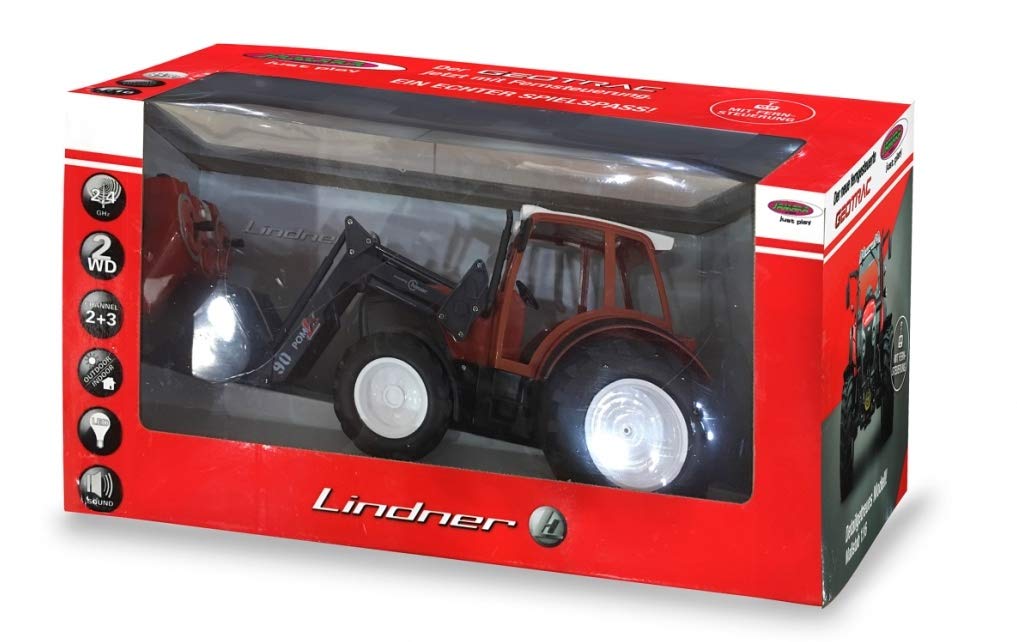 JAMARA 405050 Lindner Geotrac with front loader in 1:16 scale, 2.4GHz - realistic engine sound (can be turned off), reverse warning sound, horn, 2-wheel drive, bright LED lights in front, turn signals, demo function, red.