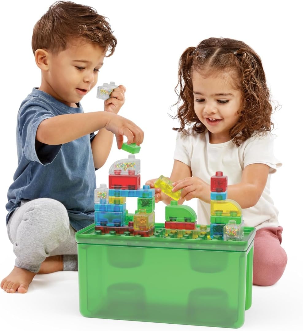 Jelly Blox Stash & Stack (2-in-1 storage case), building toy for ages 2 and up, includes 30 sensory blocks, construction toy for kids