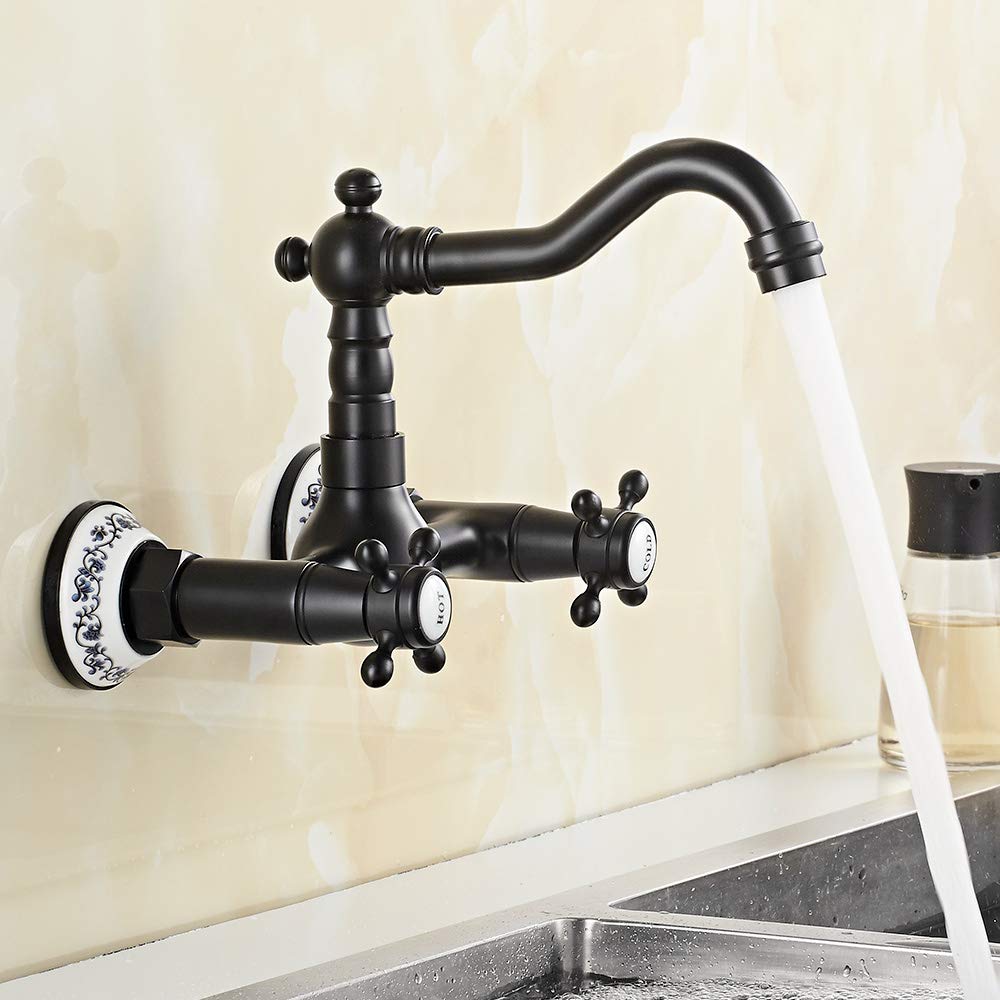 360° Rotatable Wall Mount Kitchen Faucet Brass Antique Wall Mounted Double Handle Sink Faucet Basin Faucet Water Tap Wall Bathroom Faucet Retro Basin Mixer for Kitchen (Black)