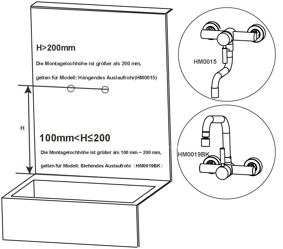 ONCE Wall Mounted Kitchen Faucet with 2 spray modes, Kitchen Faucet Wall Mounted with 360° swivel spout, Mixer Tap Wall Faucet with Modern Design, Black.