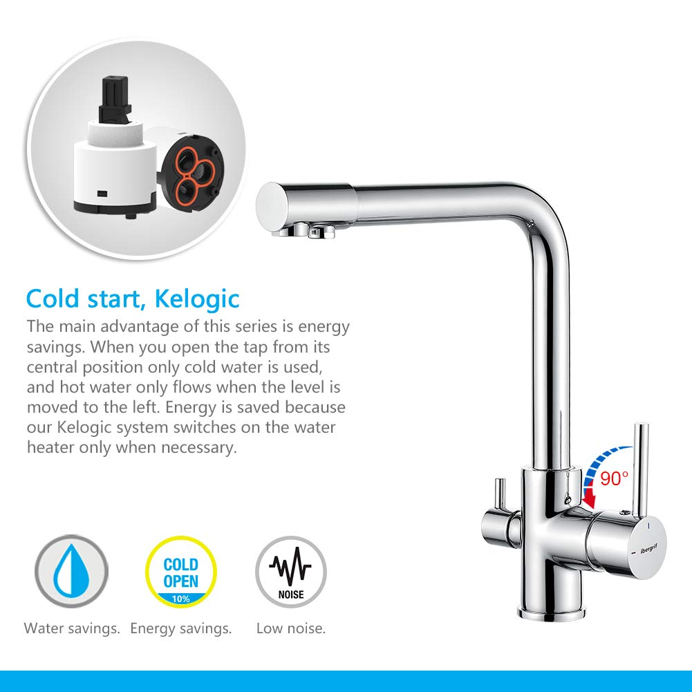 3-way kitchen faucet (drinking water tap with 360° swivel, dual lever, 3-in-1 function for water filter, hot and cold water outlet, high pressure, with 3 hoses 50 cm) stainless steel chrome