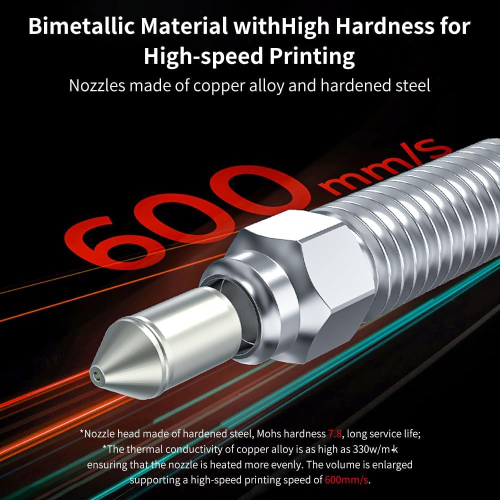 Creality Official K1 Max Nozzle Kit includes 4PCS of upgraded bimetallic copper alloy and hardened steel material, compatible with Creality K1/K1 Max 3D printers.