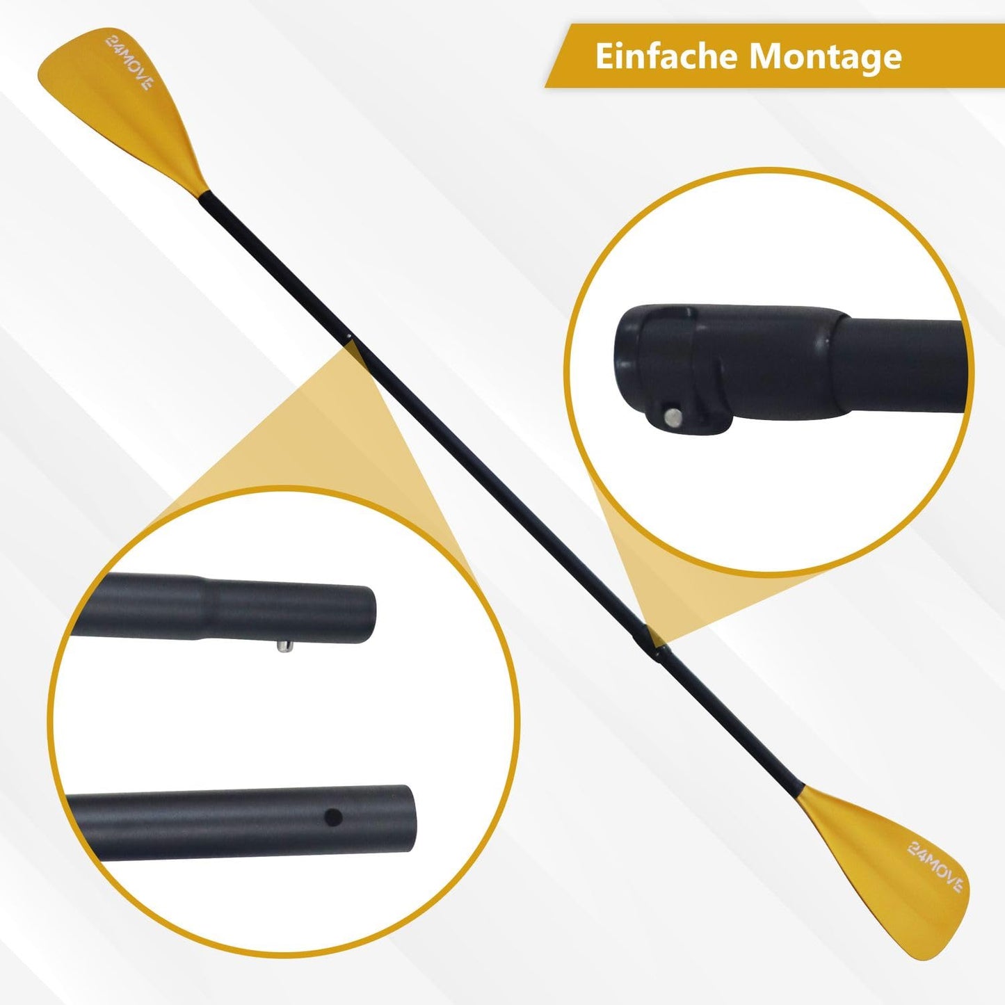 24MOVE® Double Paddle 2 in 1 Telescopic Paddle Push Paddle for SUP Stand Up Board, Kayak, Lightweight Aluminum 230cm, adjustable, yellow