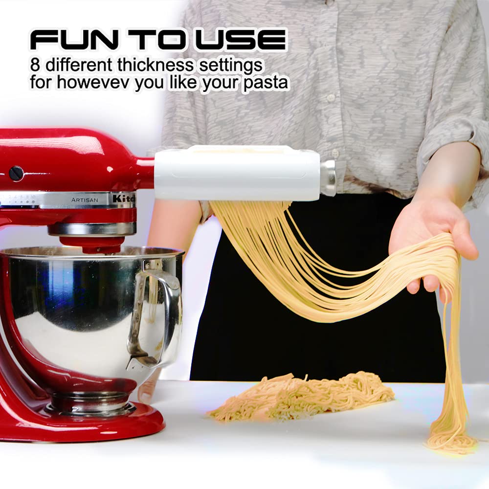 Pasta attachment for KitchenAid stand mixers. 3-in-1 set includes pasta roller, spaghetti cutter, and fettuccine cutter. Perfect accessory for making homemade pasta.
