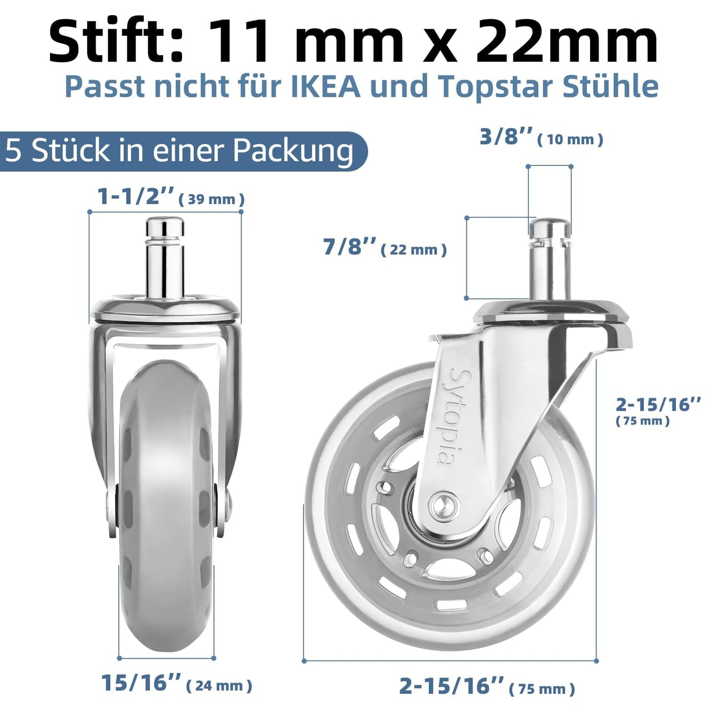 Sytopia office chair casters 11mm, casters for office chairs 11mm x 22mm, rubber office chair wheels 5-piece set for hard floors, parquet, laminate, floor mats, DOES NOT FIT 10mm pin (Silver)