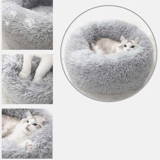 Wuudi bed for cat, dog cushion fluffy cat bed set with blanket, round cat bed plush dog bed 2 pieces soft warm pet bed + pet blanket for cats and small (light gray)