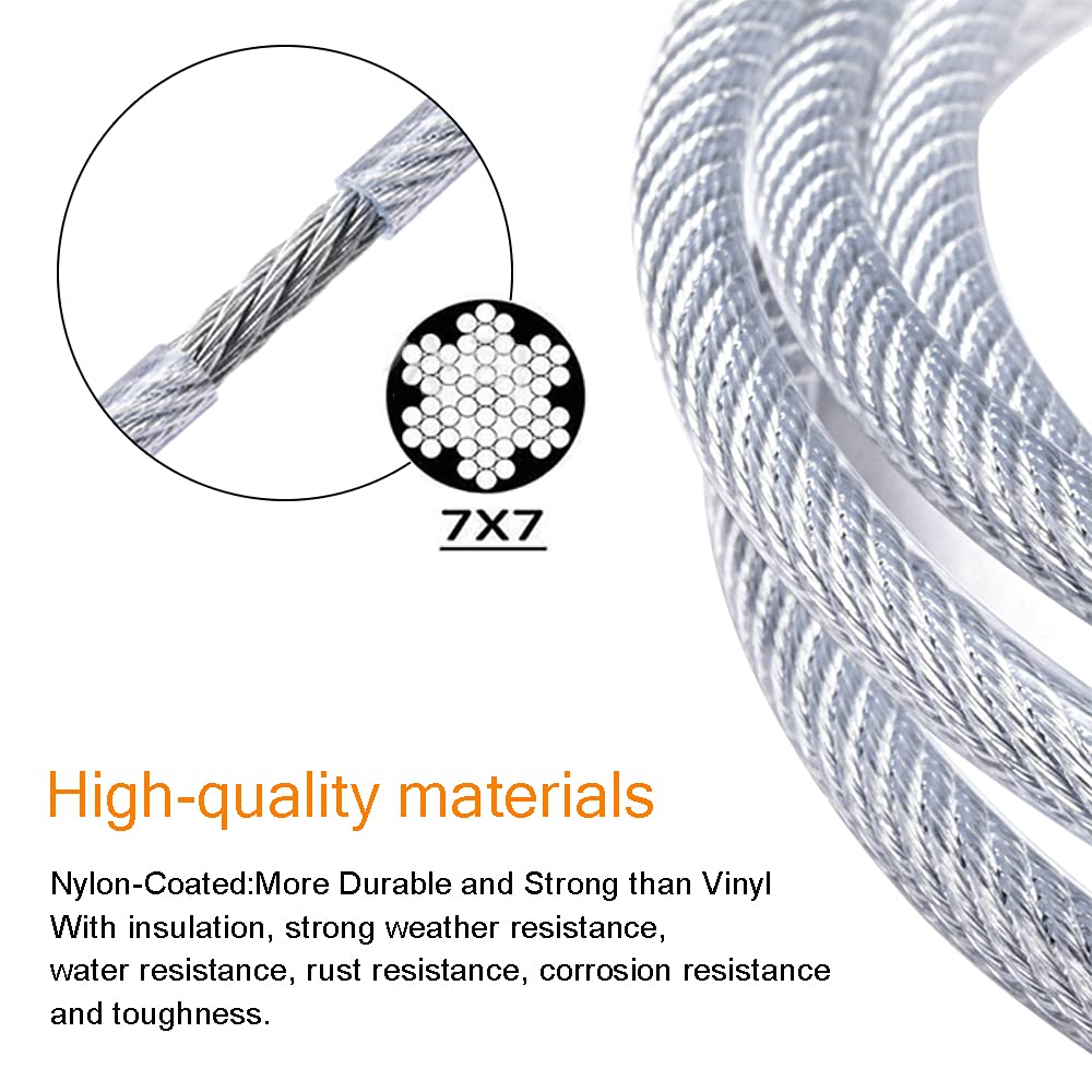 304 stainless steel wire rope set, wire rope suspension, tensioner with wire rope PVC coated, outdoor lights hanging, clothesline, stair railing, trellises and climbing aids (50m)