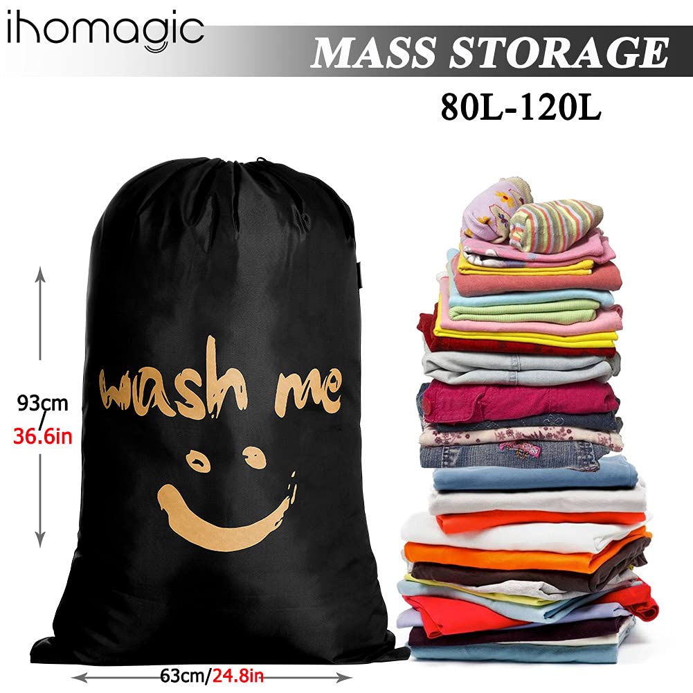 IHOMAGIC 2Pack Laundry Bags Travel Dirty Laundry Hamper Laundry Bag Laundry Bag Large Foldable Laundry Basket Storage Bag Laundry Tub Laundry Container For Travel Fabric 120L 61x92 cm Black