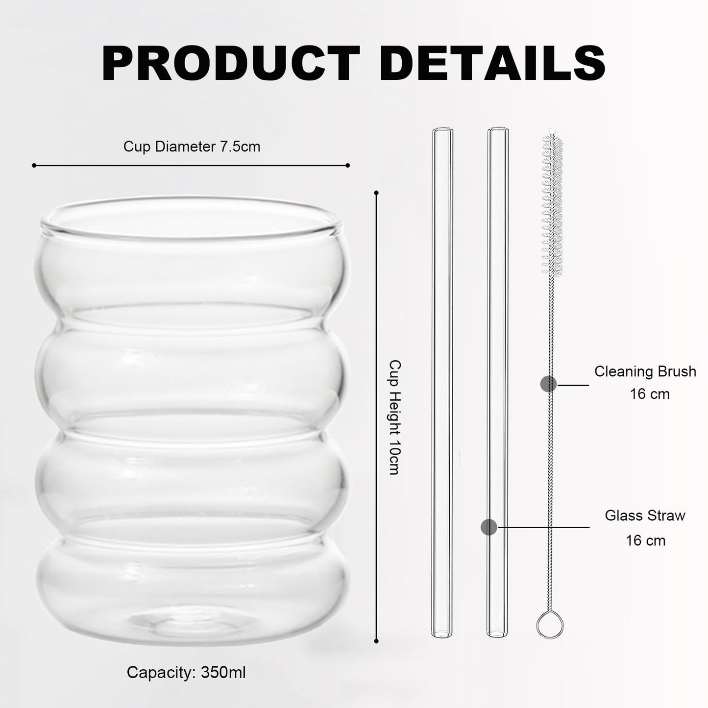 Ribbed Glasses Set (350ml x 6) Cocktail Glasses Wavy Water Glasses Drink Glasses Juice Glasses Drinking Glasses made of glass Glasses for Water Drinking Juice Universal Glasses with glass straws and brushes