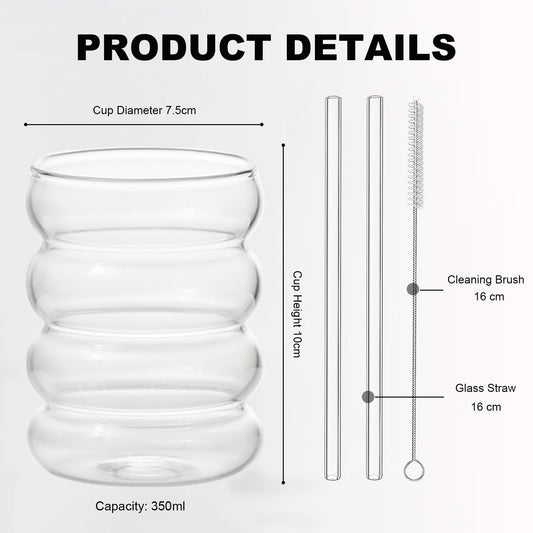 Ribbed Glasses Set (350ml x 6) Cocktail Glasses Wavy Water Glasses Drink Glasses Juice Glasses Drinking Glasses made of glass Glasses for Water Drinking Juice Universal Glasses with glass straws and brushes