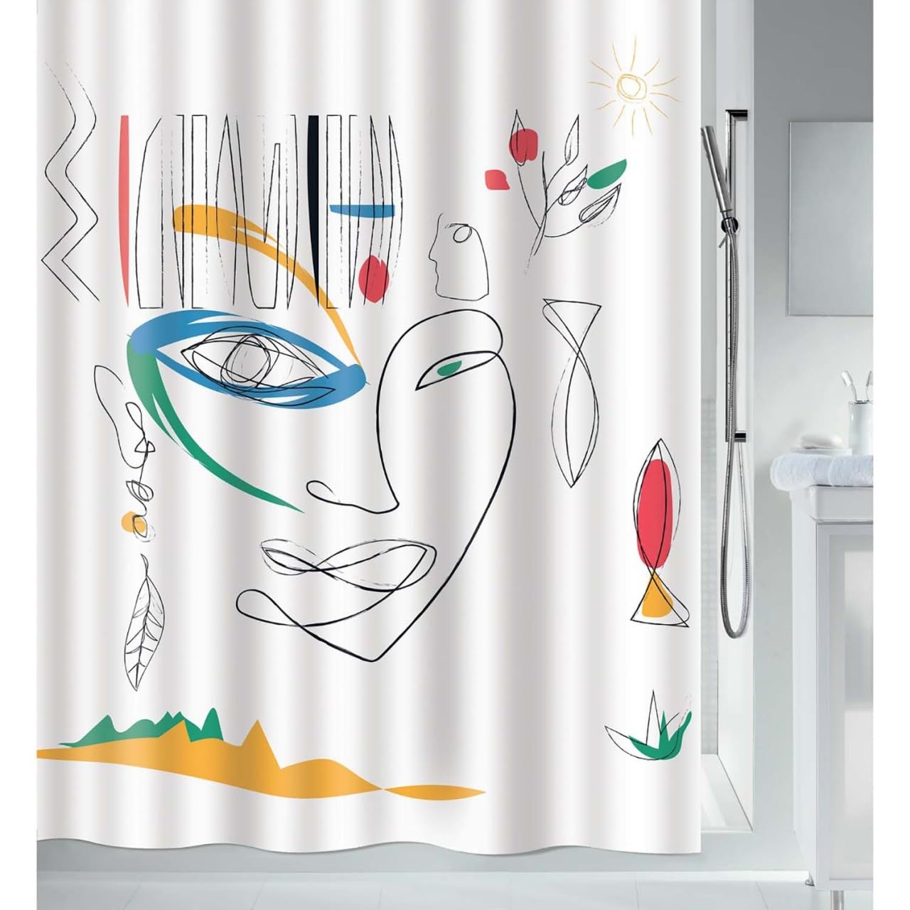 Spirella Mold Shower Curtain - Anti-Bacterial, Washable, Waterproof Polyester, "Faces" 180x200cm White Multicolored, 180 x 200 cm.