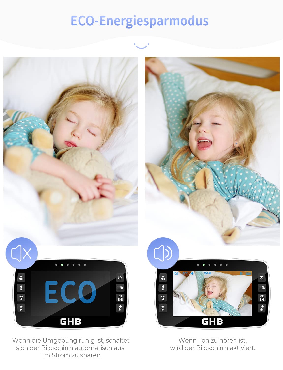 GHB Baby Monitor with Camera 4.3 Inch Baby Monitor 350° Rotation Night Vision Video Camera with 2 Cameras ECO Mode Baby Camera LCD Screen, 720p