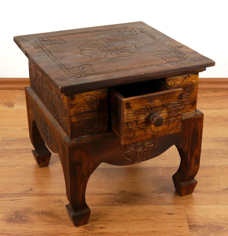 livasia Opium table with drawer - 40x40x40cm - Hand-carved wooden side table from Bali, adds Asian charm as a wooden table to your home (Brown)