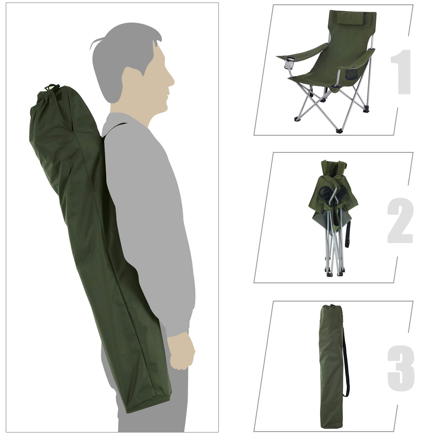 SONGMICS Camping Chair, Set of 2, Folding Chair, Outdoor Chair with Armrests, Headrest, and Drink Holders, Metal Frame, Supports up to 150 kg, Green GCB09AG02.