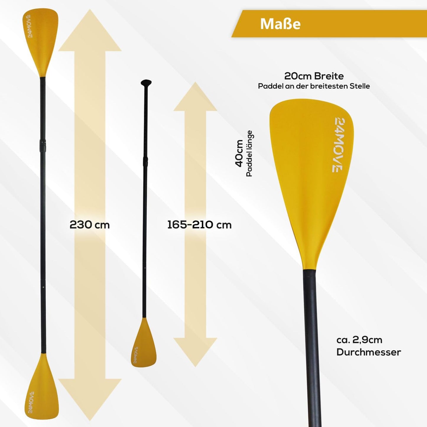 24MOVE® Double Paddle 2 in 1 Telescopic Paddle Push Paddle for SUP Stand Up Board, Kayak, Lightweight Aluminum 230cm, adjustable, yellow