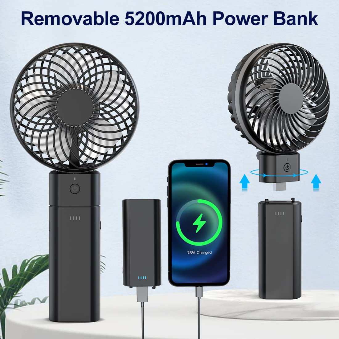 gabless USB fan, handheld fan with 5200mAh battery, USB desk fan 20 hours working time, mini fan 5 levels strong wind, small fan quiet for office bedroom