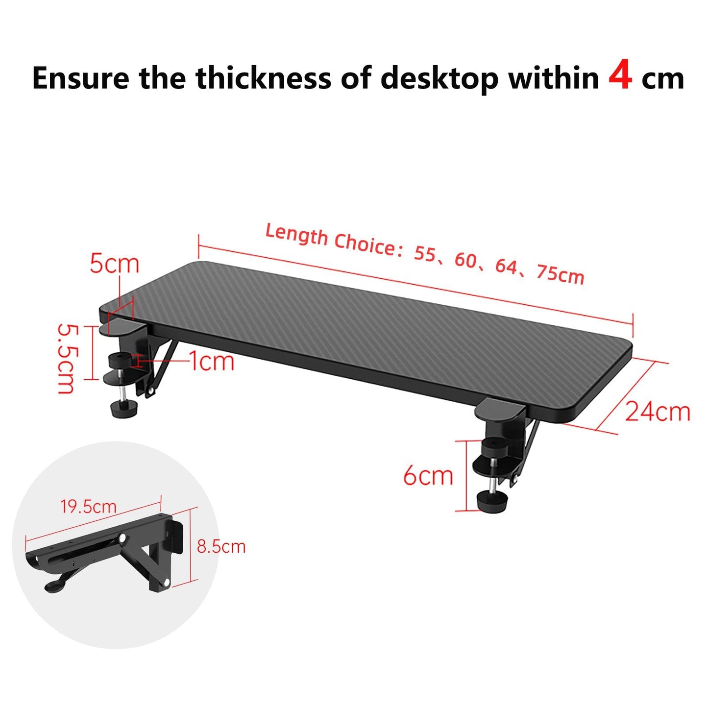OUGIC Ergonomic Desk Extension, 75 x 24 cm, punch-free clamp, foldable keyboard drawer shelf, table mount, armrest, computer elbow arm support.