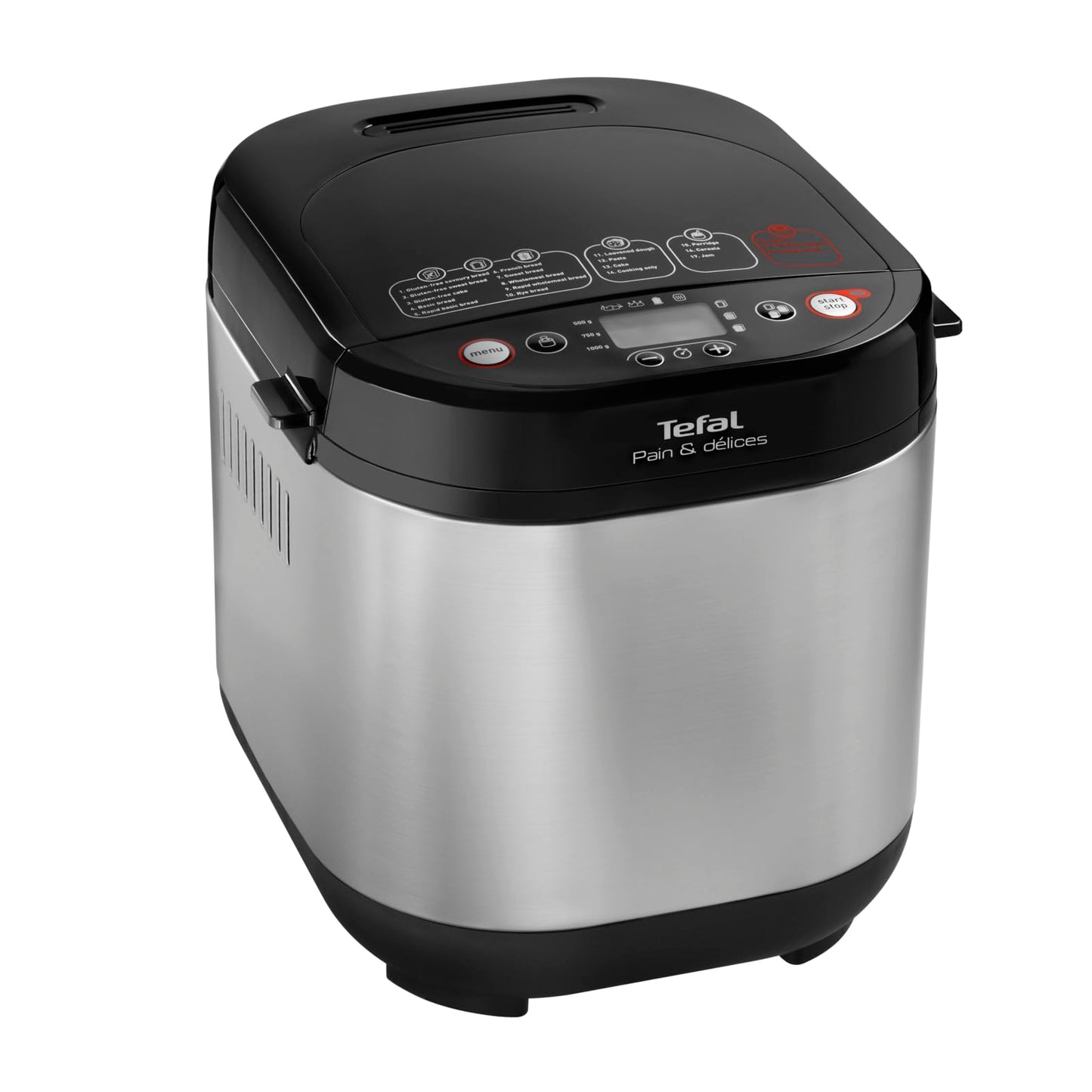 Tefal Bread Maker Pain & Délices, 20 baking programs, 3 adjustable loaf sizes and crust settings, also for cakes - pizzas - pasta dough, non-stick baking pan, black/stainless steel, PF240E