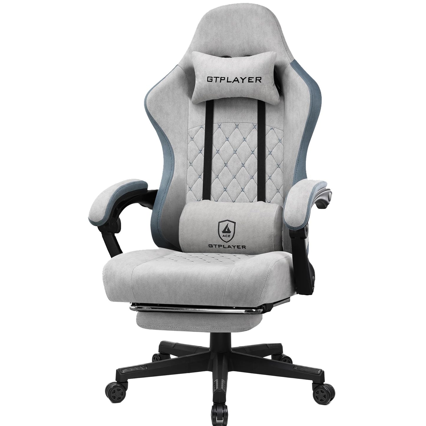 GTPLAYER Gaming Chair Ergonomic Gaming Armchair Desk Chair with Fabric Surface, Spring Seat Cushion, Adjustable Armrests and Footrest Gray