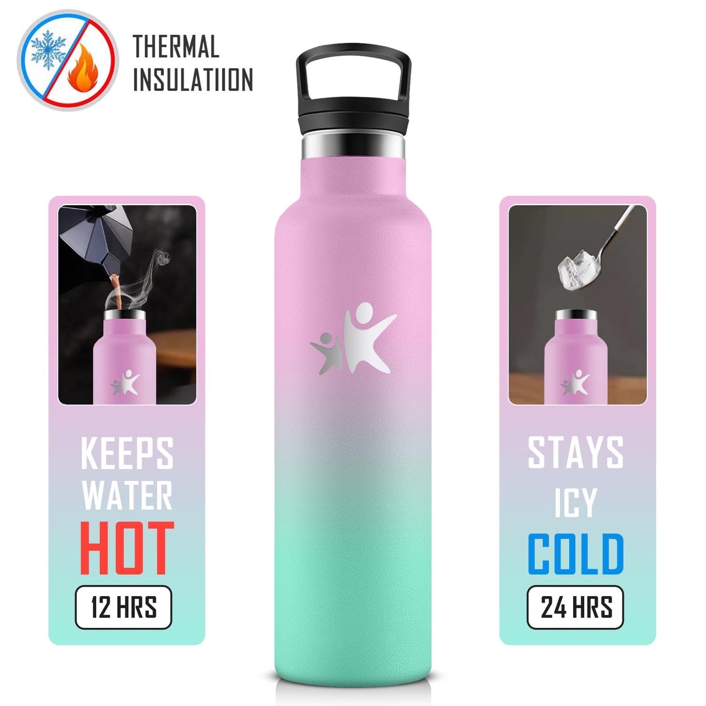 KollyKolla thermos bottle 750ml with straw, suitable for carbonated drinks, vacuum stainless steel insulated bottle, BPA-free, ideal for sparkling water, school, outdoor, adults.