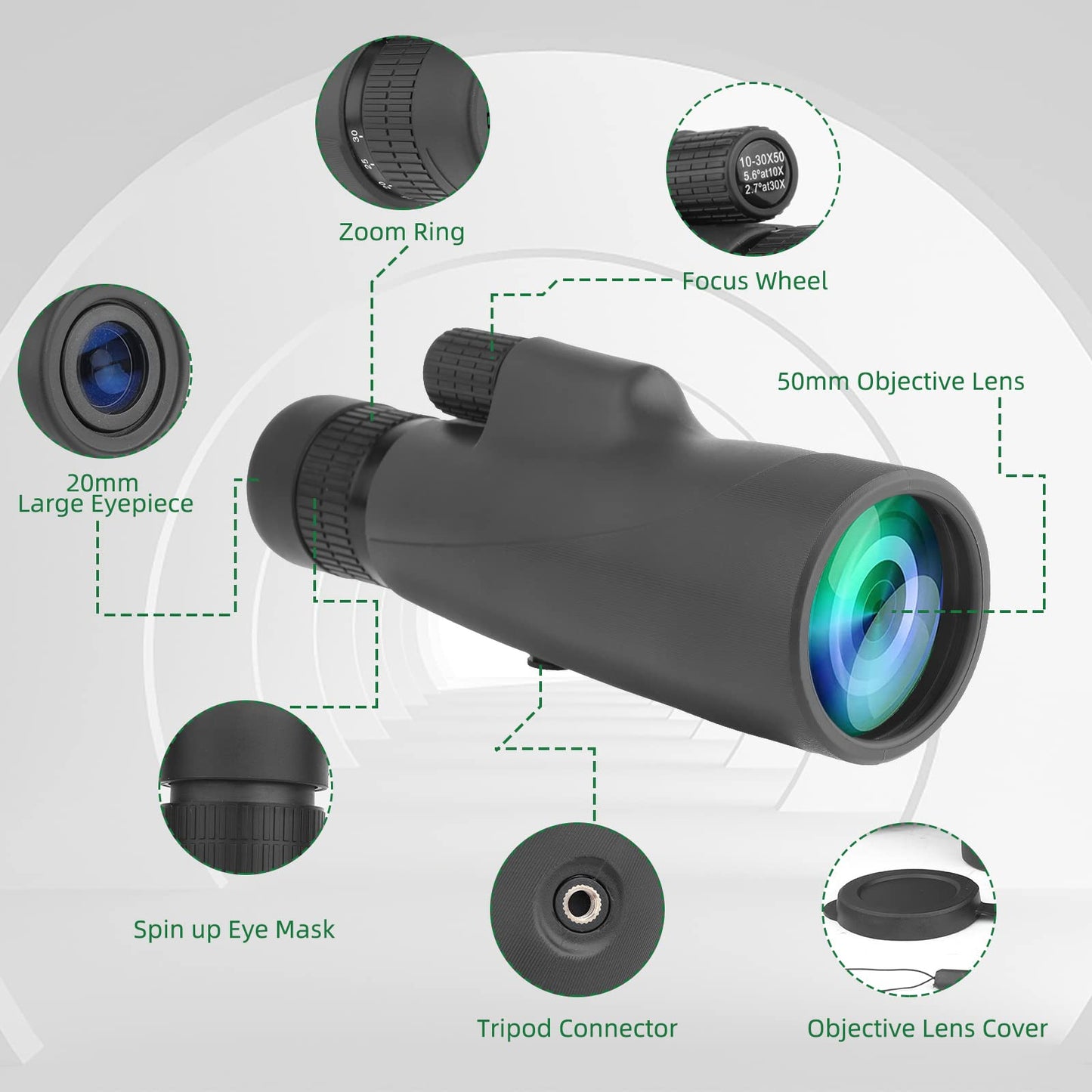 Monocular Telescope, 10-30X50 Zoom HD Monocular with IPX7 Waterproof Fogproof Shockproof, FMC BAK4 Prism Monocular Telescope High Power with Hand Strap Phone Adapter for Bird Watching Hunting Camping