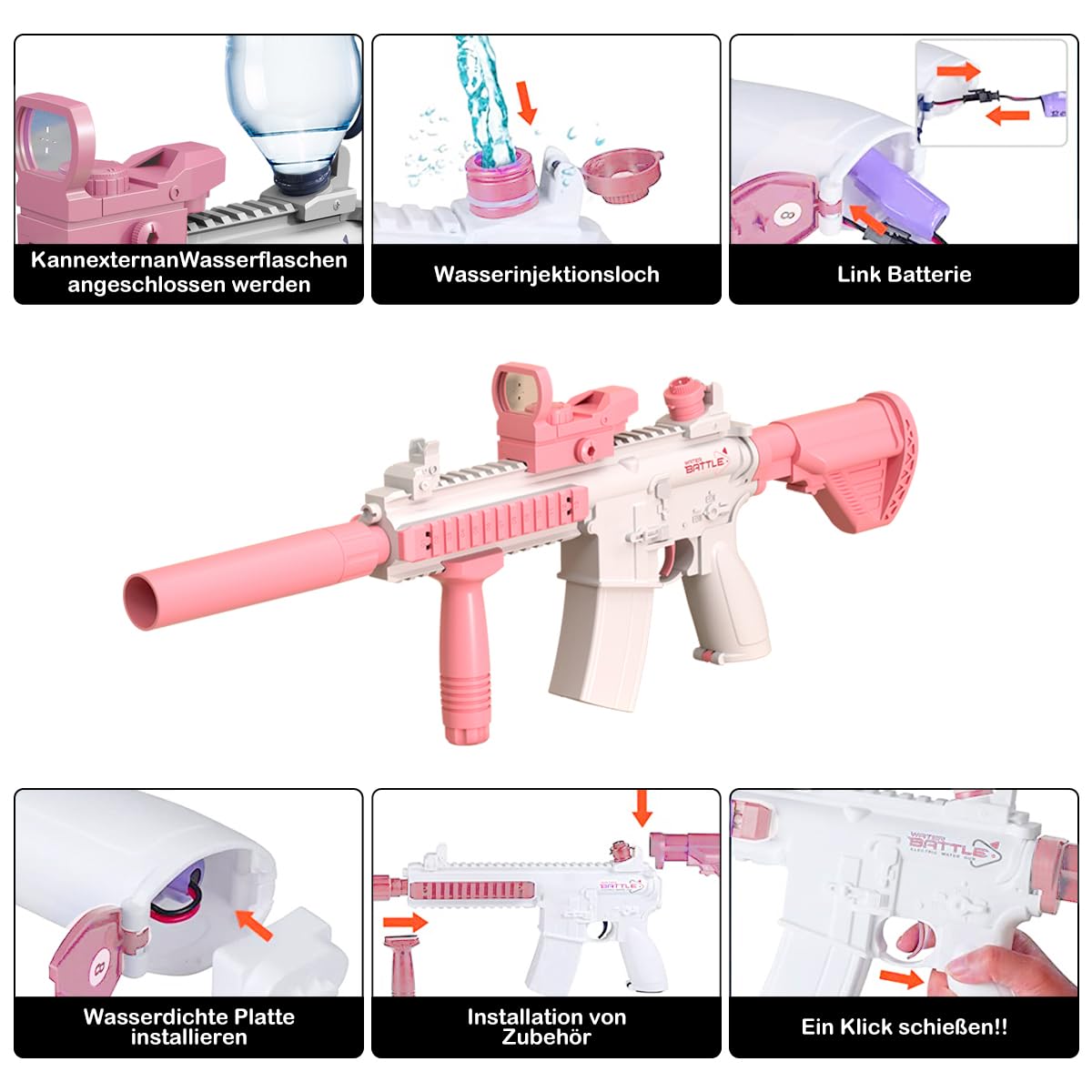 Maxee Electric Water Gun, M416 One-Button Automatic Squirt Gun 26-32 ft with Long Range, Water Toy Guns for Kids Adults Summer Pool Party Beach Outdoor - Pink