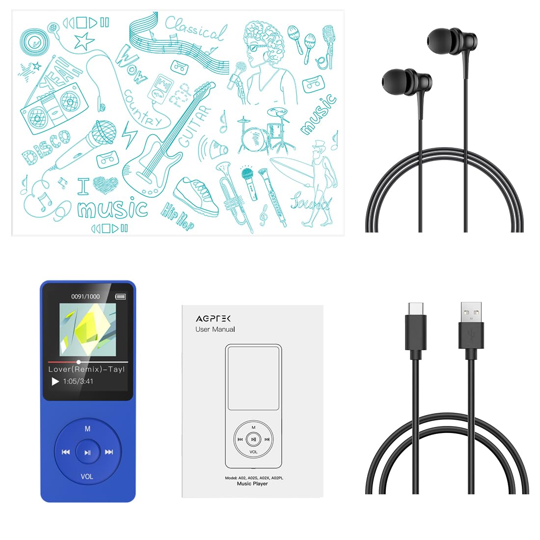 AGPTEK 8GB MP3 player 70 hours playback, color Navy Blue