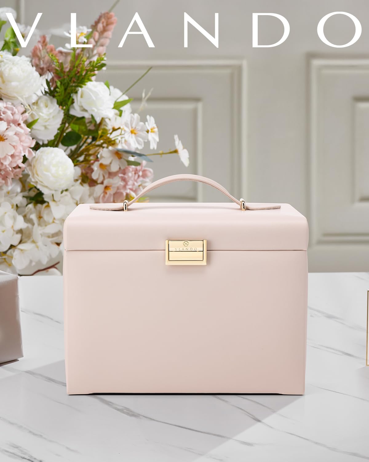 Vlando Jewelry Box Large with 4 layers, Jewelry Case PU Leather, Jewelry Box with Mirror and Drawers, Jewelry Organizers, Velvet lining, Beige