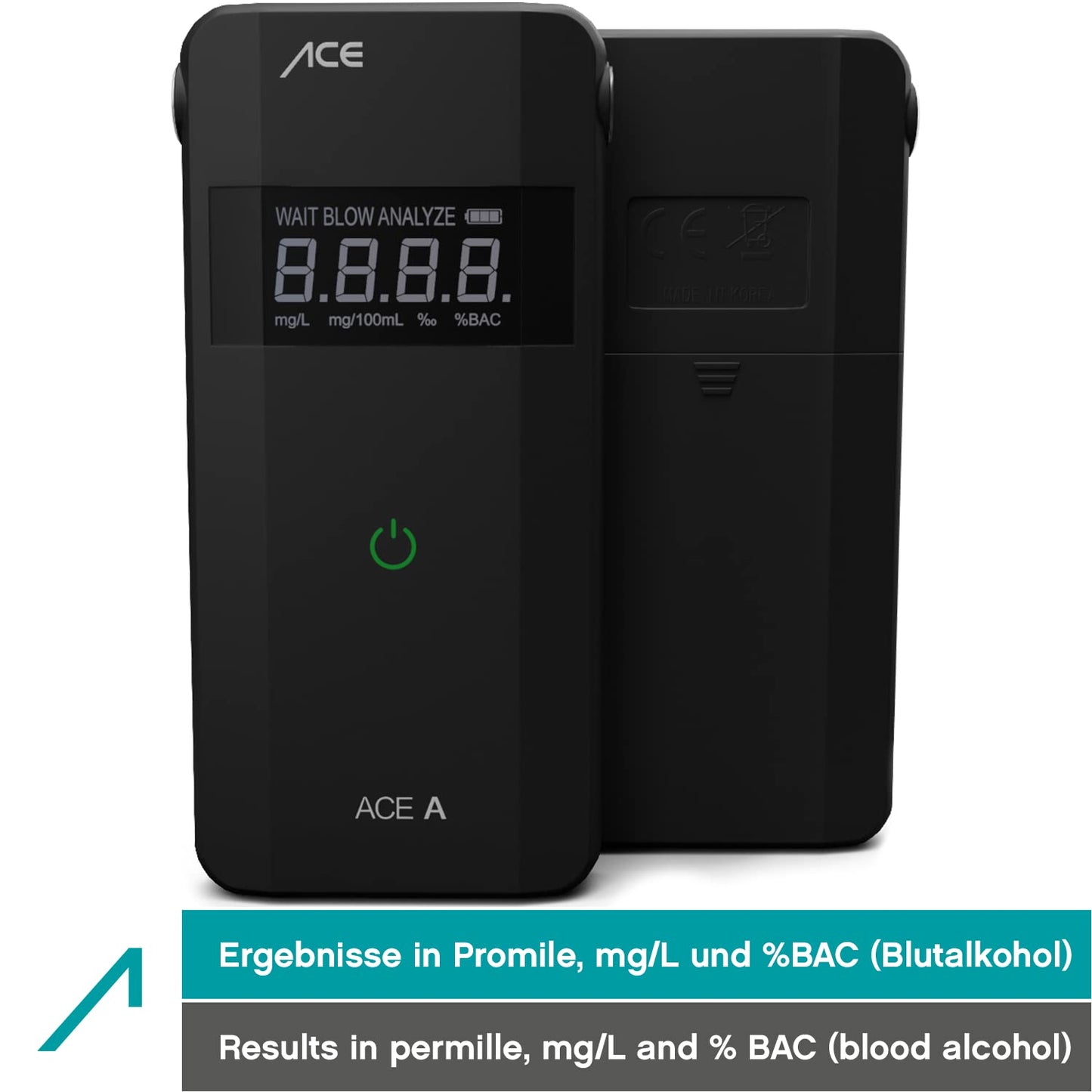 ACE A Alcohol tester - digital breathalyzer - Alcohol tester with electrochemical sensor and one-button operation, Black