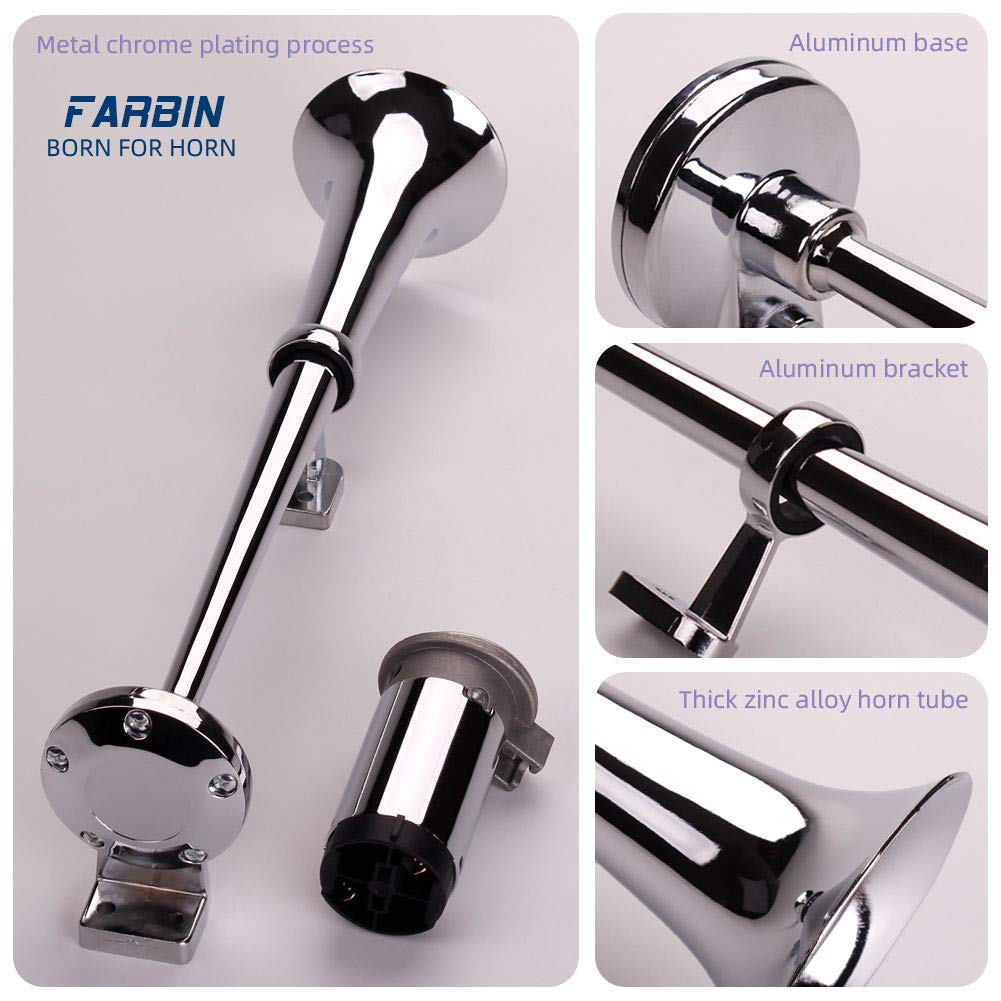FARBIN 24V 150db Train Air Horn Super Loud 18 Inch Chrome Zinc Single Trumpet Truck Air Horn Kit with Compressor and Wiring Harness for All 24V Vehicles (24V, Single Tube Air Horn)