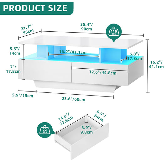 YITAHOME Coffee Table White, Living Room Table with 16-Color LED Lighting Modern, White Side Table with Open Display Shelf and 4 Extendable Drawers 90x55x41.1 cm