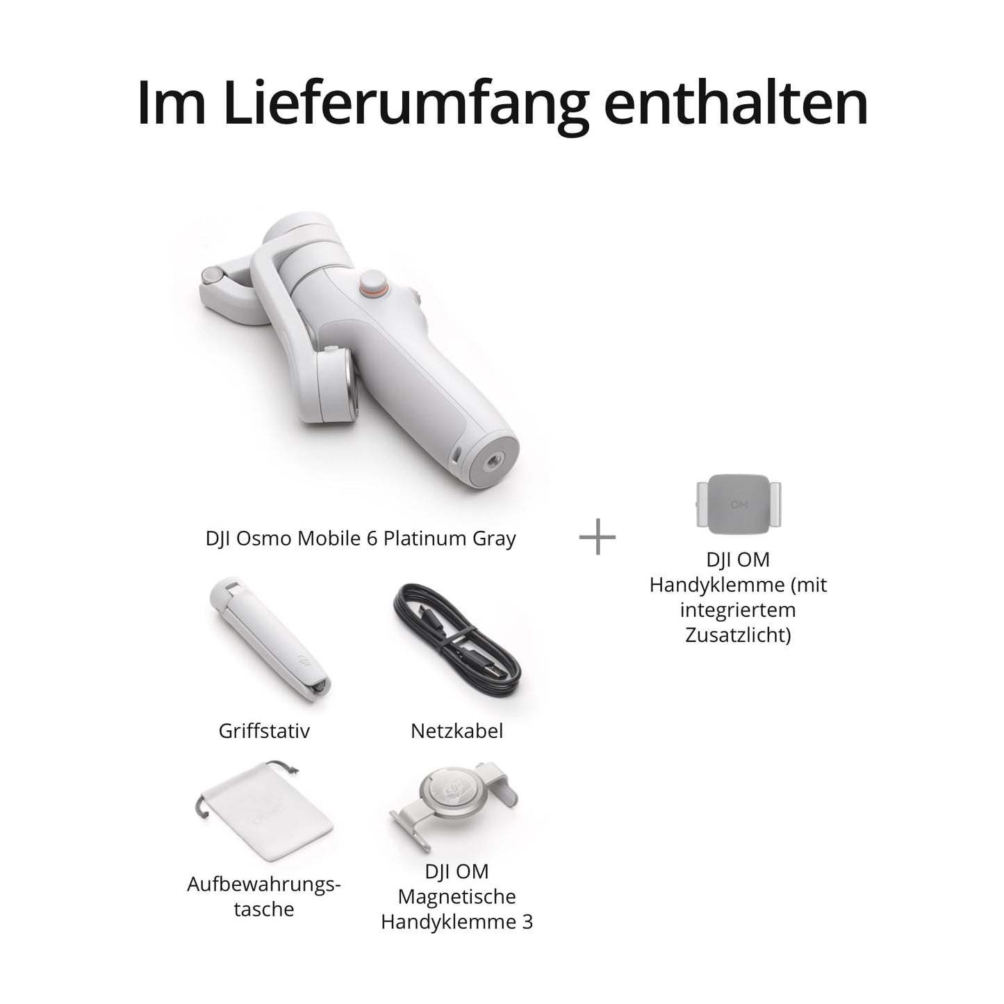 DJI Osmo Mobile 6 Fill Light Combo, 3-axis smartphone gimbal, integrated extension pole, portable & foldable, Android & iPhone gimbal, object tracking, additional light phone clamp, Platinum Grey