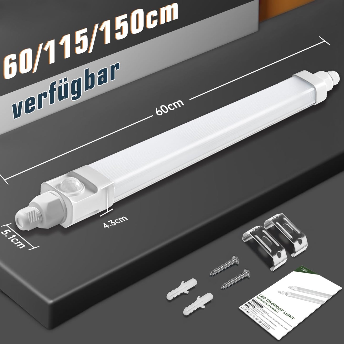 Surface-mounted LED moisture-proof luminaire 60cm with motion sensor, 18W 1800LM 4000K LED ceiling light sensor tube, linkable LED batten luminaire workshop lamp waterproof IP65 for garage balcony basement hallway staircase.