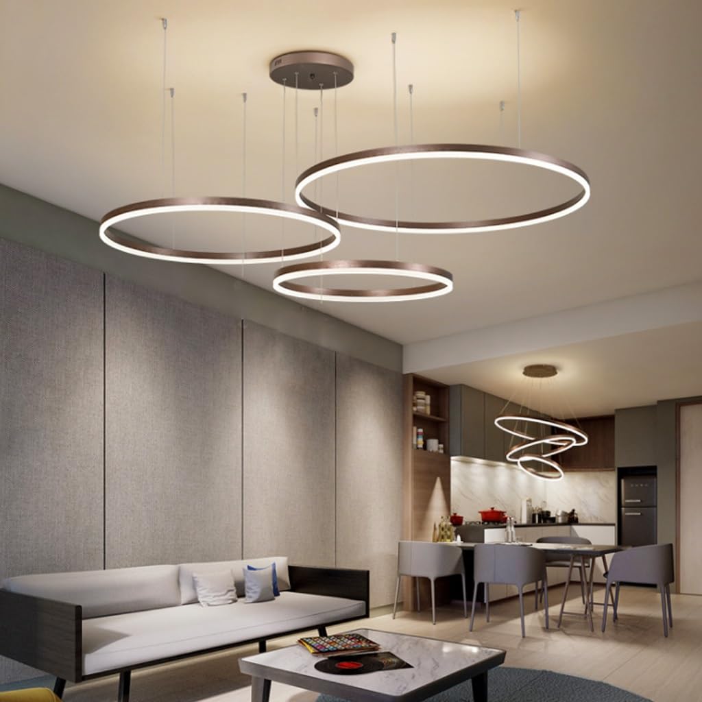 LED pendant lamp modern living room lamp hanging light 3 rings pendant light dimmable with remote control chandelier adjustable height dining table lamp hanging lamp aluminum round acrylic lighting (Color: ___)