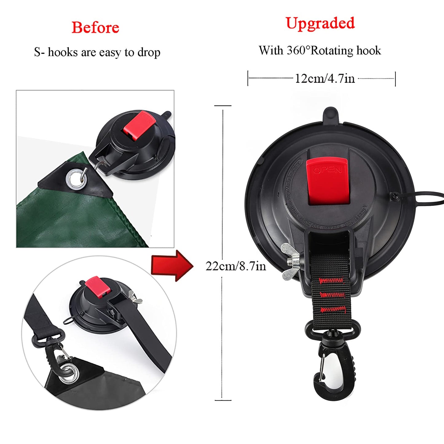Suction Camping Set, 2 x Suction Cup Anchors Suction Hooks Extra Strong up to 20 KG - Car Tensioner Multifunctional Suction Cup Holder with Fastening Hooks for Camper, Household, Workshop