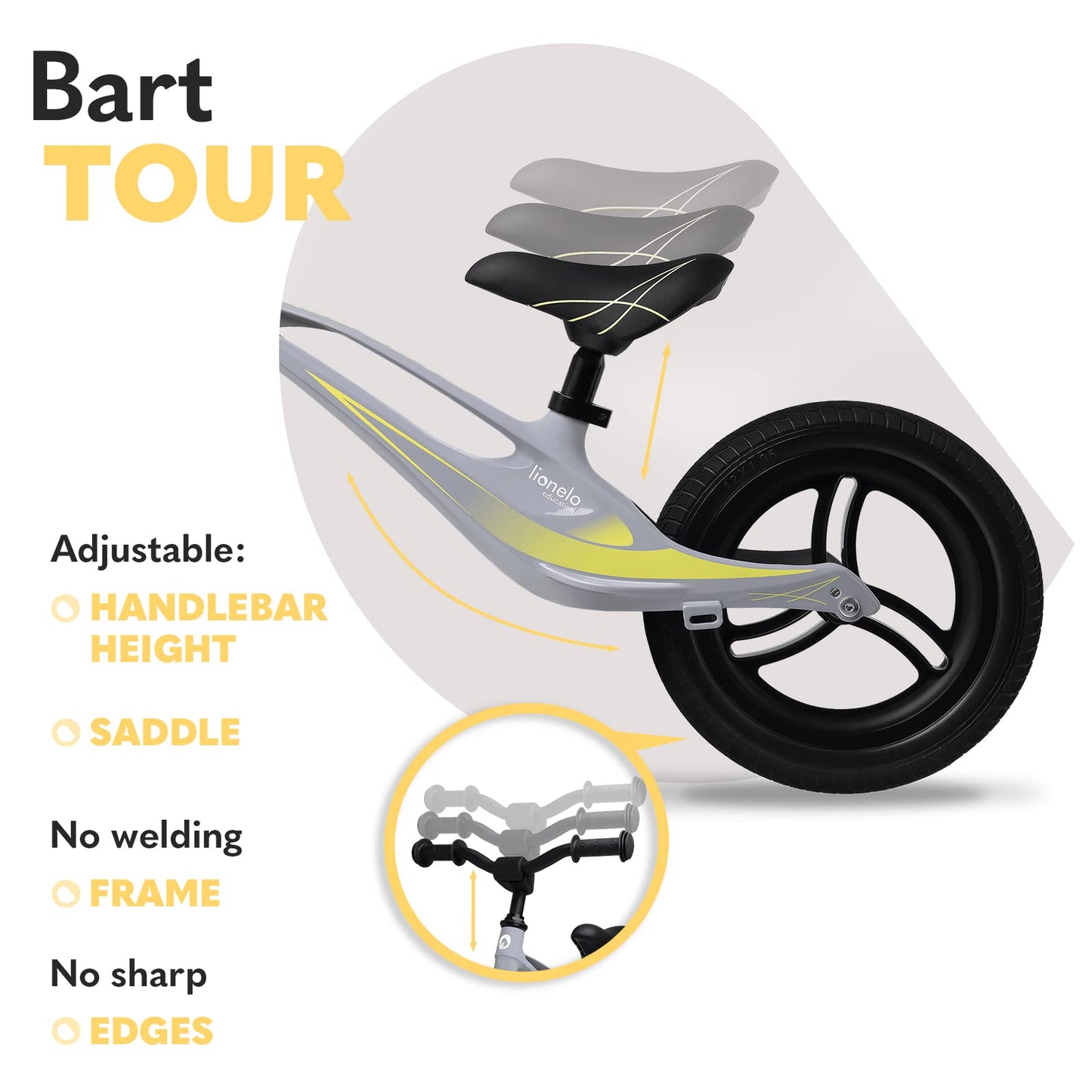 Lionelo Bart Tour balance bike for ages 2 and up to 30 kg, magnesium frame, sporty style, maintenance-free PU 12" wheels, adjustable handlebar and saddle, durable and very light.