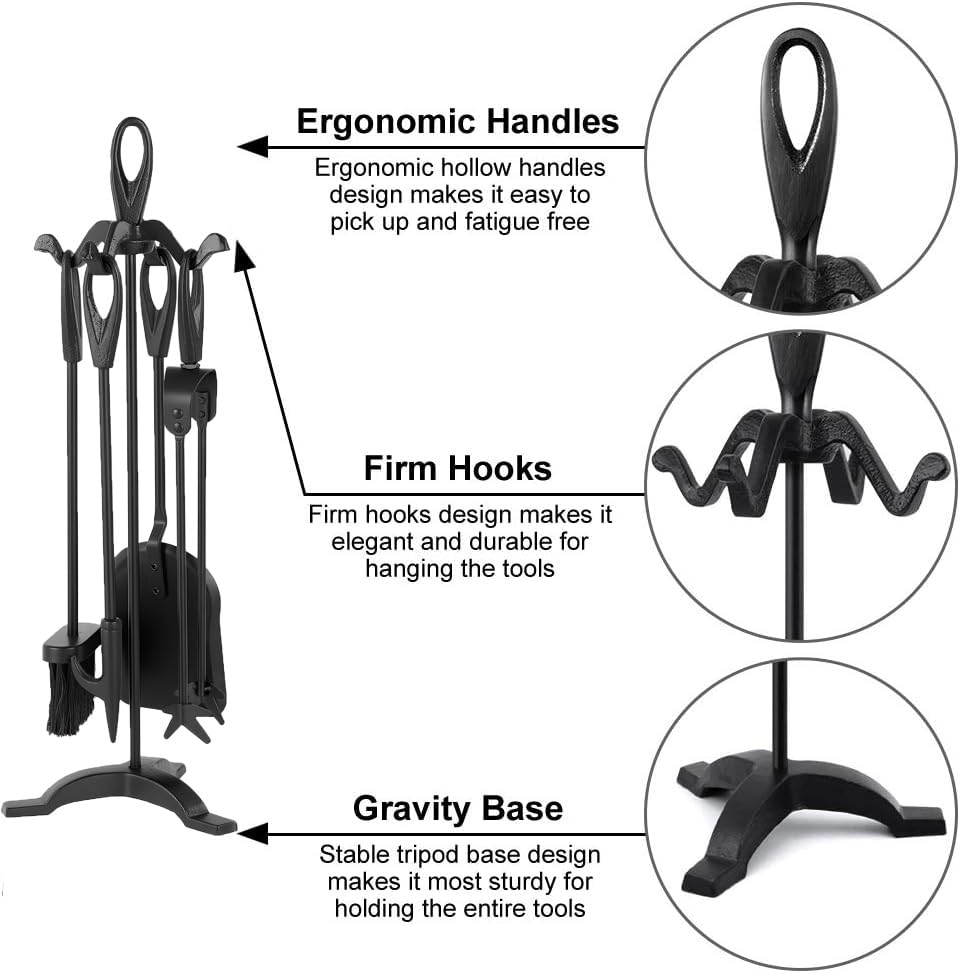 Amagabeli 25.2”(64cm) 5-piece Fireplace Tools Set Wrought Iron and Interior Fireplace Accessories Wood Holder Fireplace Stand Fire Tongs Shovel Antique Brush Chimney Poker Wood Stove (Black)