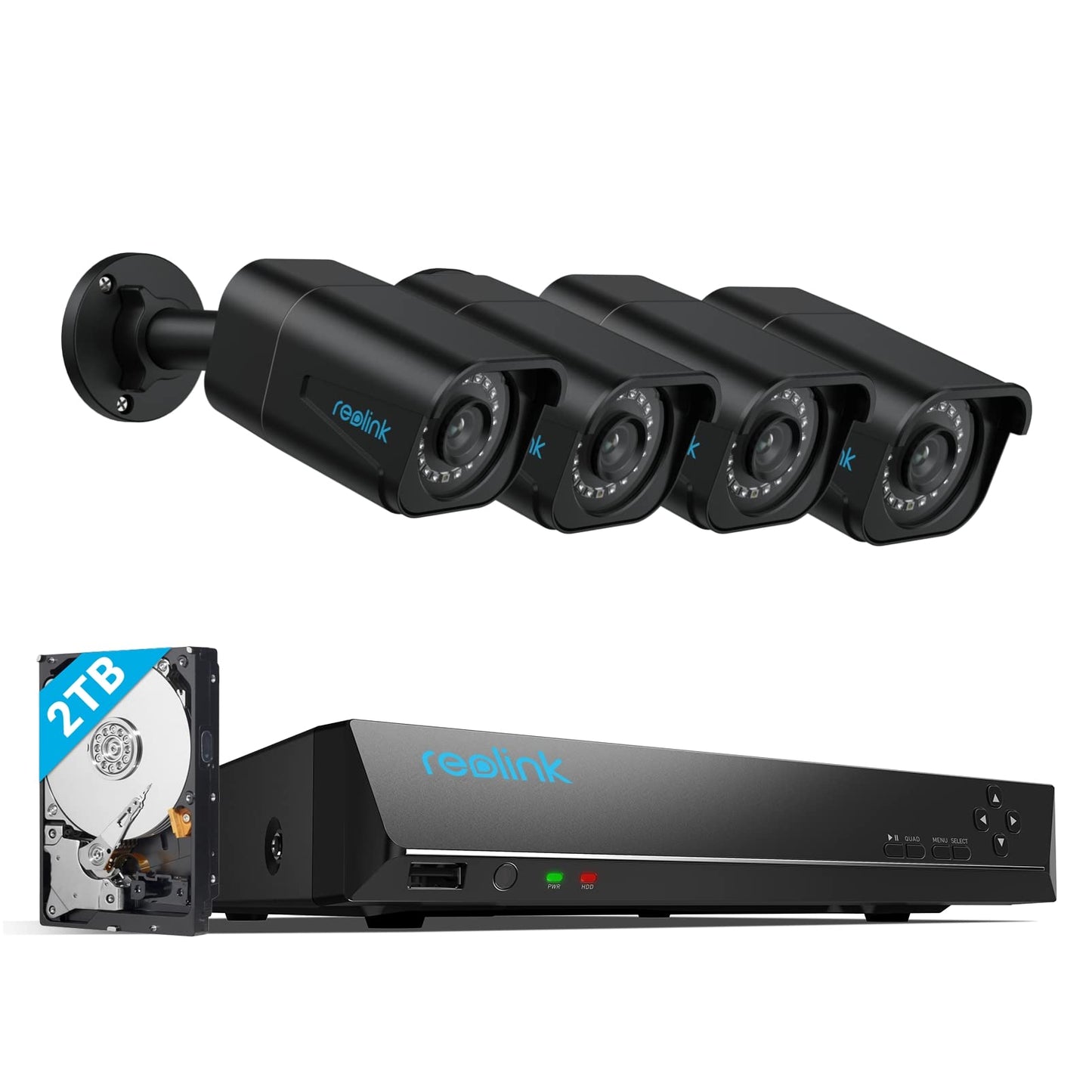 Reolink 4K outdoor surveillance camera set, 8CH video surveillance with 4X 8MP PoE IP camera and 2TB HDD NVR for 24/7 recording indoor outdoor, person detection and vehicle detection, RLK8-800B4 Black
