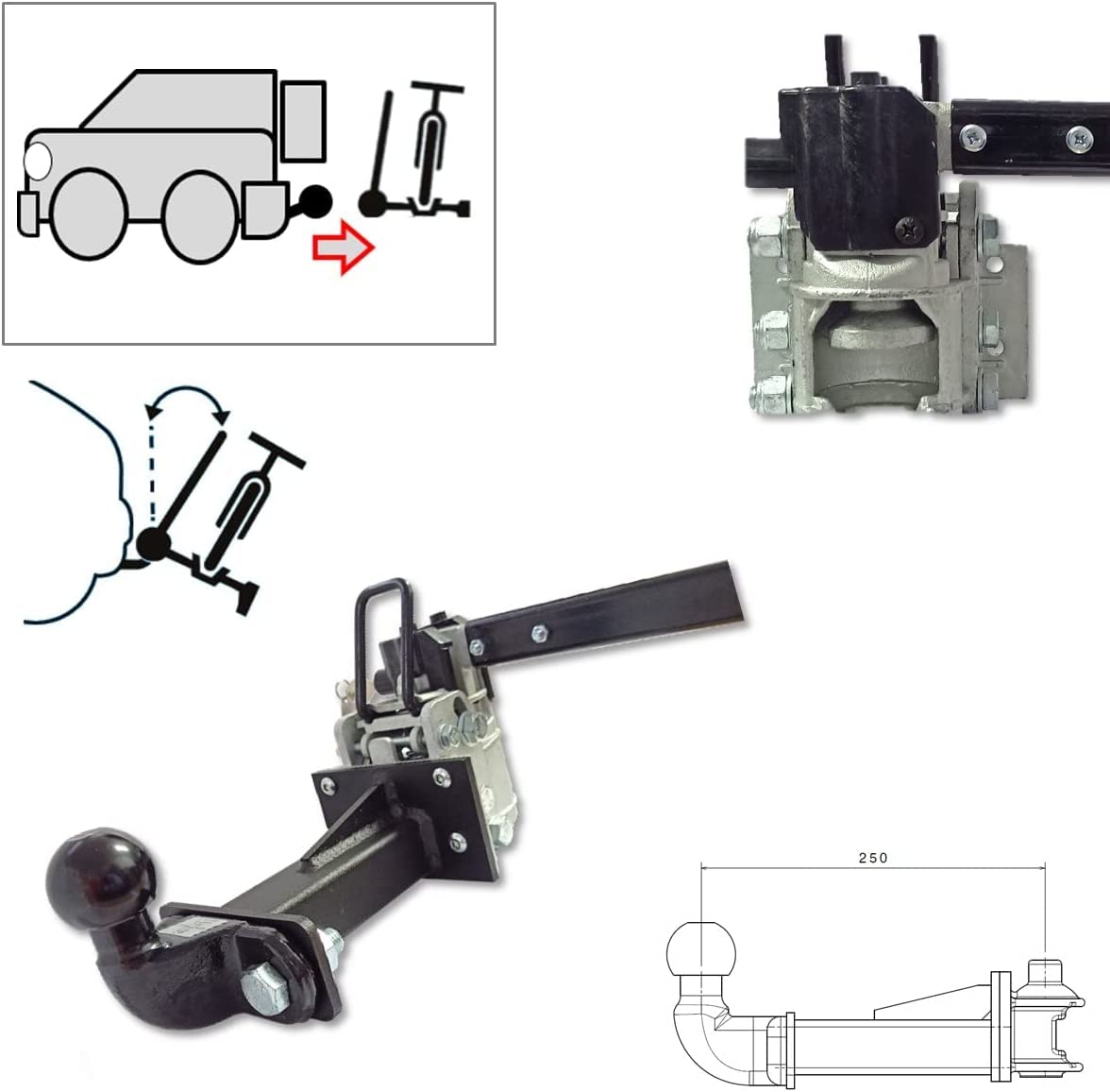 Folding and lockable 250 mm hook extension for bike rack including plug-in coupling for any type of trailer hitch.