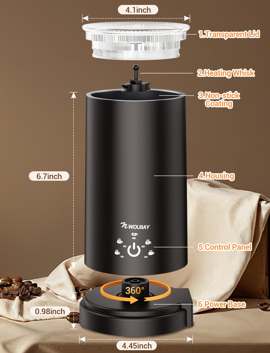 5 in 1 Electric Milk Frother 600W Automatic Milk Frother for 350ml hot/cold milk foam with non-stick coating, One-click control for hot chocolate, latte, cappuccino, etc.