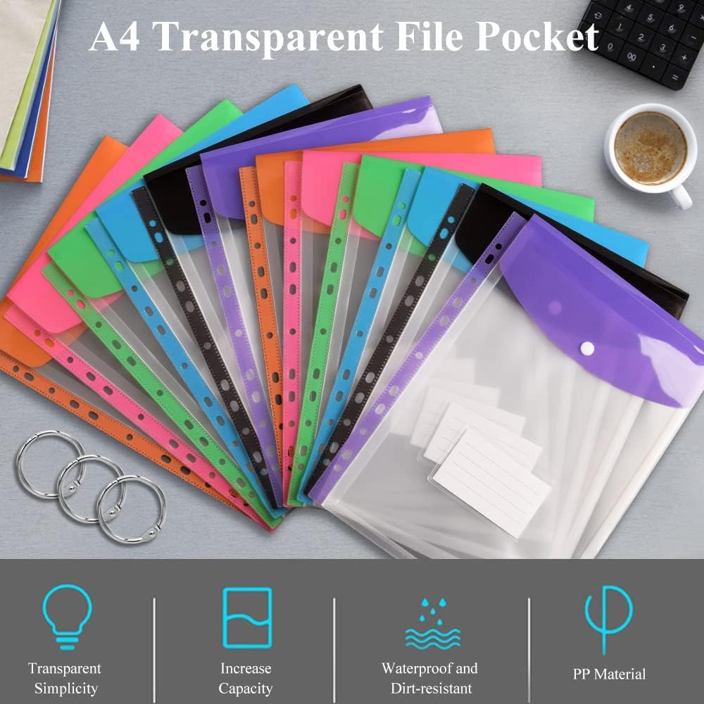 Vakki A4 Document Folder, 12pcs Transparent A4 Document Pouches for Filing, Expandable Collection Folder with 11 Hole Edges, Snap Button for Organizing Documents - 6 Colors